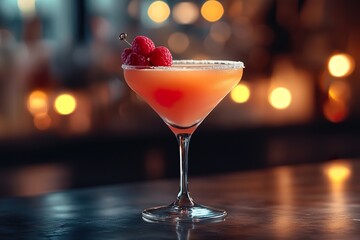 A stylish modern cocktail with a colorful garnish served in a sleek glass with a unique design