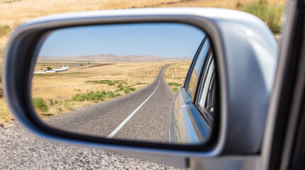 Reflection of a road in the steppe of Kazakhstan in a car's side mirror.