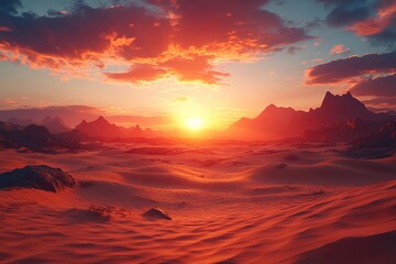 A sweeping view of a dry arid desert with towering sand dunes and a blazing sunset