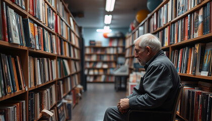 A old Man siting in a Quiet Bookstore  with a Thoughtful Expression Amidst the Shelves of Books