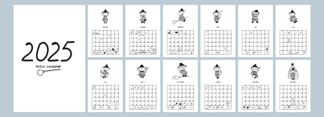 Funny witch calendar for 2025. Character concept. Vector illustration.