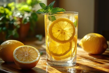A tall chilled glass of lemonade with lemon slices and a sprig of mint sitting on a rustic wooden table