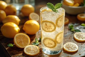 A tall chilled glass of lemonade with lemon slices and a sprig of mint sitting on a rustic wooden table