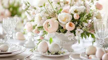 Imagine a beautifully arranged Easter table with floral centerpieces and delicately crafted Easter eggs as place settings.