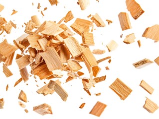 Close-up of wood chips flying in mid-air against a white background.
