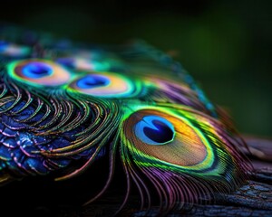 Fototapeta premium Peacock feathers with vibrant colors, intricate and elegant, Nature, Bright hues, Photograph, Natural beauty