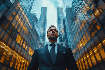 Fototapeta premium businessman stands tall amidst the towering skyscrapers of a modern office cityscape