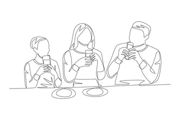 Family eating together. Eating together with their family at the kitchen table concept one-line drawing