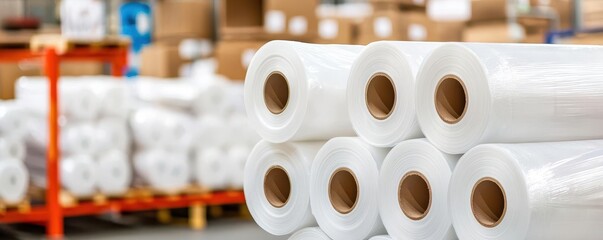 Rolls of polyethylene sheets neatly stacked in a warehouse, with a focus on industrial packaging efficiency.