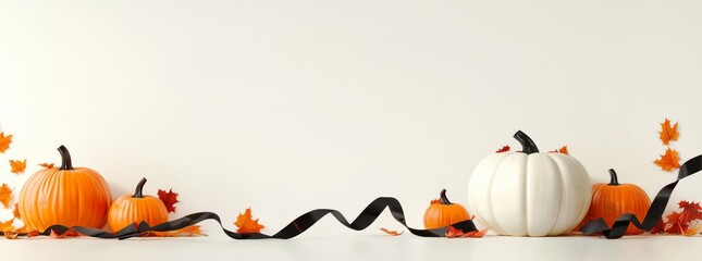 Pumpkin-themed banner featuring white and orange pumpkins adorned with black ribbons against a light background, perfect for Halloween product placement or festive decor