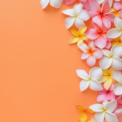 Fototapeta premium Plumeria flower flat lay with vibrant colors, tropical and fresh design, perfect for adding a touch of summer to any space.