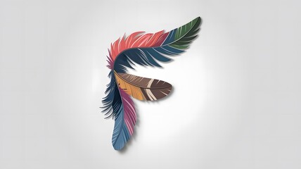 A creative visual dictionary concept of the word Feather. It is made of various colored and shaped feathers. The feather F is placedon a white background.