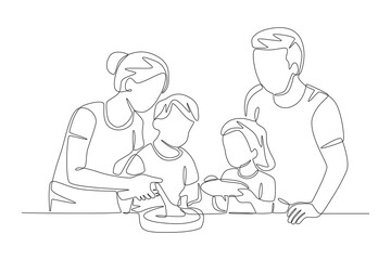Family eating together. Eating together with their family at the kitchen table concept one-line drawing