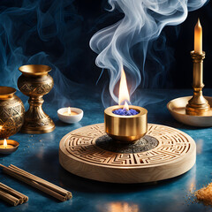 Palo santo smudge burner,  clear away negative energy, spiritual energy healing, poster, meditation wallpaper, spiritual backdrop infused with fantasy and dreamy elements, incense burner. Generated AI