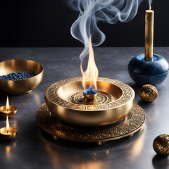 Palo santo smudge burner,  clear away negative energy, spiritual energy healing, poster, meditation wallpaper, spiritual backdrop infused with fantasy and dreamy elements, incense burner. Generated AI