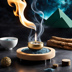 Palo santo smudge burner,  clear away negative energy, spiritual energy healing, poster, meditation wallpaper, spiritual backdrop infused with fantasy and dreamy elements, incense burner. Generated AI