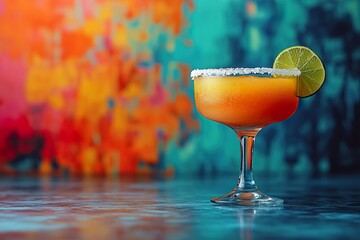 A vibrant frozen margarita with a salted rim and a lime wedge served in a colorful glass