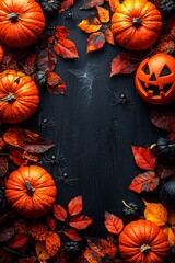 A festive Halloween flat lay featuring smiling jack-o'-lanterns, vibrant autumn leaves, and decorative spiders, perfect for Halloween party invitations and social media posts, with copy space.