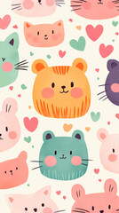 Obraz premium Cute flat pattern with cartoon cats and hearts on white background