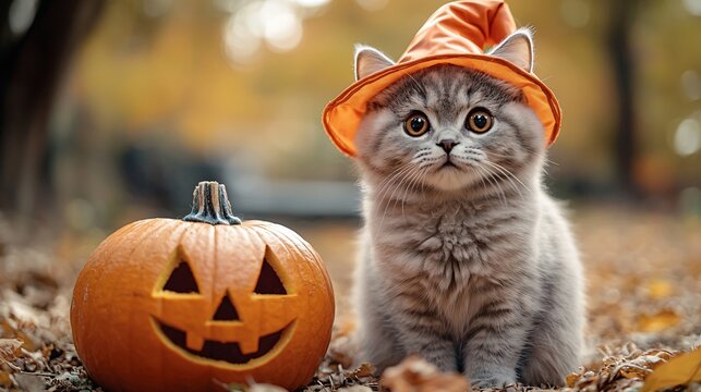 A fluffy gray cat in a witch hat next to a carved pumpkin, perfect for Halloween decor, cards, or themed events, with ample copy space.