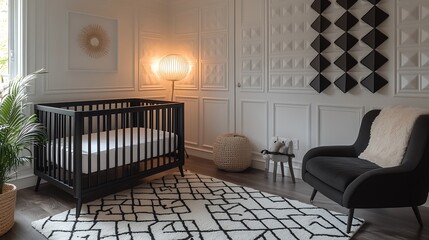 A monochrome-themed nursery with a sleek black crib, white walls accented with bold black geometric patterns, minimalist black furniture, soft ambient lighting, elegant monochrome rug,