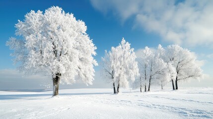 Obraz premium White snowy landscape with trees covered in frost, evoking a sense of winter beauty and serenity