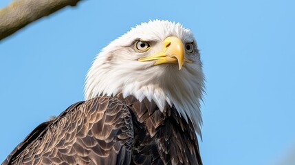 Obraz premium A majestic eagle perched on a branch is captured in a close-up, against a clear blue sky backdrop showcasing its detailed feathers.
