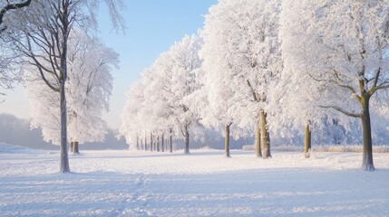 Obraz premium White snowy landscape with trees covered in frost, evoking a sense of winter beauty and serenity