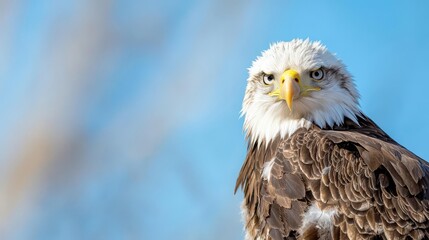 Obraz premium A majestic eagle perched on a branch, with a clear blue sky backdrop and detailed feathers, looks breathtaking in the sunlight.