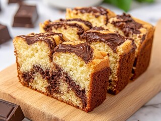 Classic marble cake on a cutting board has a moist, fluffy texture with decadent chocolate swirls, making it a divine indulgence.
