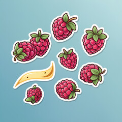 Watercolor raspberry fruits, sticker design, cartoon illustration, forest fruits design. Generated AI