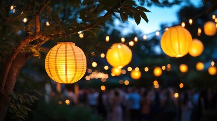 Yellow lanterns hanging in an outdoor evening festival, creating a warm and festive ambiance
