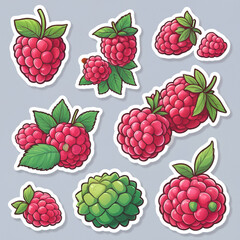 Watercolor raspberry fruits, sticker design, cartoon illustration, forest fruits design. Generated AI