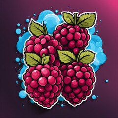 Watercolor raspberry fruits, sticker design, cartoon illustration, forest fruits design. Generated AI