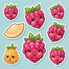 Watercolor raspberry fruits, sticker design, cartoon illustration, forest fruits design. Generated AI