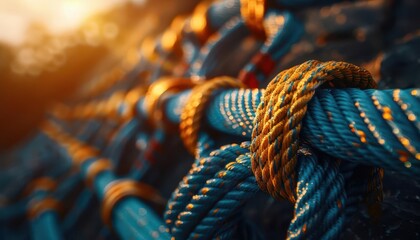 Rock climbing gear with ropes and harnesses, rugged and practical, Sport, Cool tones, Photograph, Outdoor equipment
