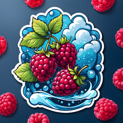 Watercolor raspberry fruits, sticker design, cartoon illustration, forest fruits design. Generated AI