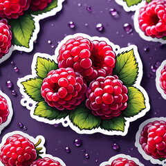 Watercolor raspberry fruits, sticker design, cartoon illustration, forest fruits design. Generated AI