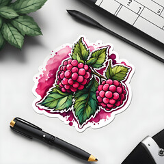 Watercolor raspberry fruits, sticker design, cartoon illustration, forest fruits design. Generated AI