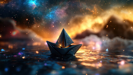 Fototapeta premium A cosmic landscape where an origami ship sails through vibrant galaxy, surrounded by shimmering stars and colorful nebulae, evokes sense of wonder and adventure