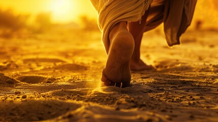 Close-up of Barefoot Jesus Christ Walking on Sandy Beach at Sunset.