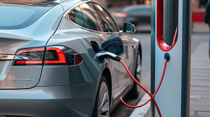 Obraz premium A pearl-colored electric SUV is being charged at a modern energy station, showcasing the convenience of eco-friendly transportation in a well-designed parking area