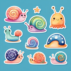 Watercolor snail, beautiful iridescent snail with fantasy aura, modern sticker design, minimalist print design. Generated AI