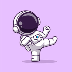 Obraz premium Cute Astronaut Karate Kick Cartoon Vector Icon Illustration Science Technology Icon Concept Isolated Premium Vector. Flat Cartoon Style