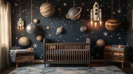 A space adventure nursery featuring a dark blue and silver color palette, planets and star decals on the walls, rocket ships hanging from the ceiling, cozy wooden crib with galaxy bedding,