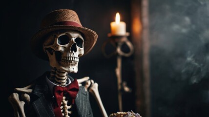 A skeleton in a hat and tie holds a candle, creating a spooky yet classy vibe in a dimly lit setting.