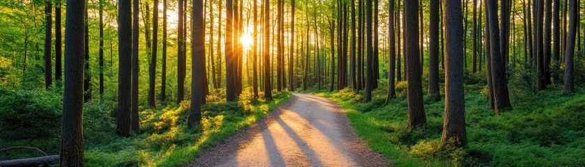 Radiant golden hour sunbeams illuminating a quiet forest path, nature's glowtime, peaceful and inspiring landscape