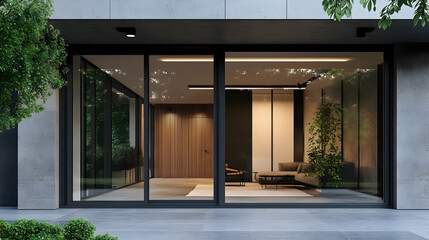 Obraz premium A visually appealing home entrance with spacious glass sliding doors and ample blank space for text.