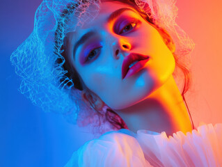 Fototapeta premium A striking fashion shoot capturing emotion and elegance of model with vibrant makeup and unique headpiece. colorful lighting enhances artistic expression