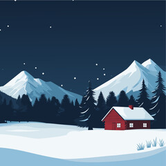 Cozy Red Chalet in a Snowy Mountain Wilderness in the night. © Amelie
